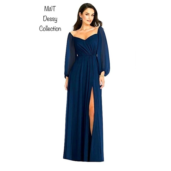NWT Dessy Collection Lux Chiffon Bishop Sleeve Gown in MIDNIGHT NAVY size 8 - Picture 1 of 10